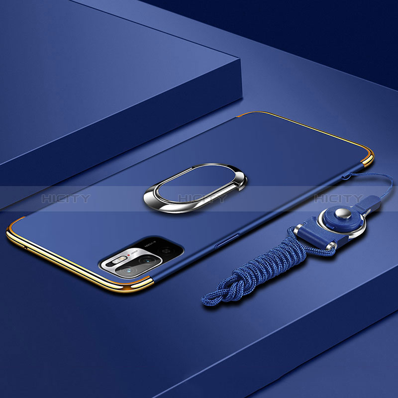 Custodia Lusso Metallo Laterale e Plastica Cover con Anello Supporto per Xiaomi POCO M3 Pro 5G Blu