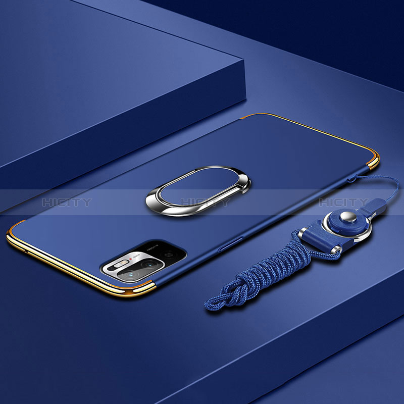 Custodia Lusso Metallo Laterale e Plastica Cover con Anello Supporto per Xiaomi Redmi Note 10 5G Blu