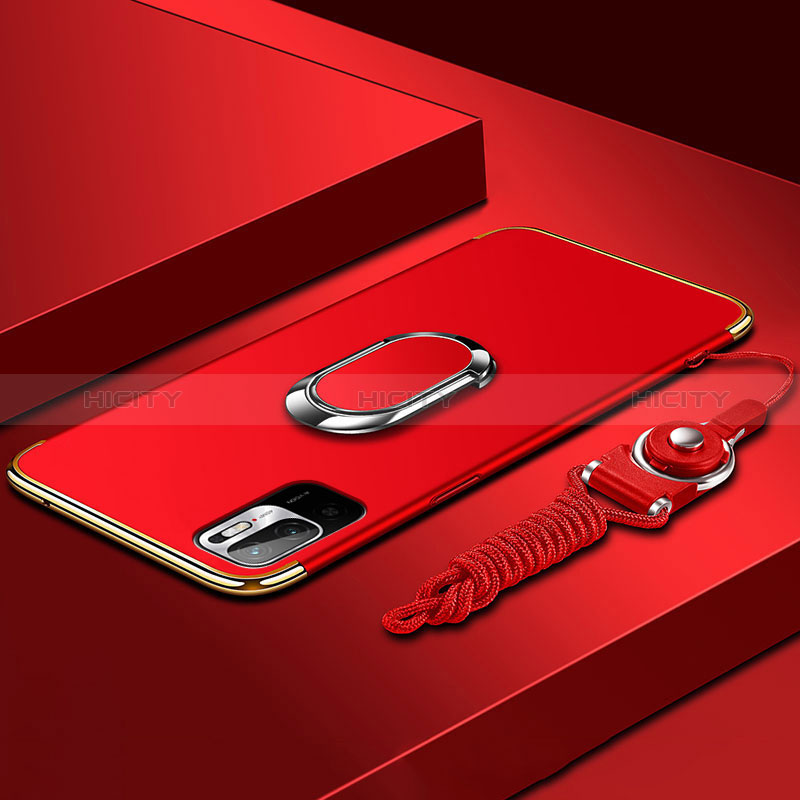 Custodia Lusso Metallo Laterale e Plastica Cover con Anello Supporto per Xiaomi Redmi Note 10T 5G Rosso