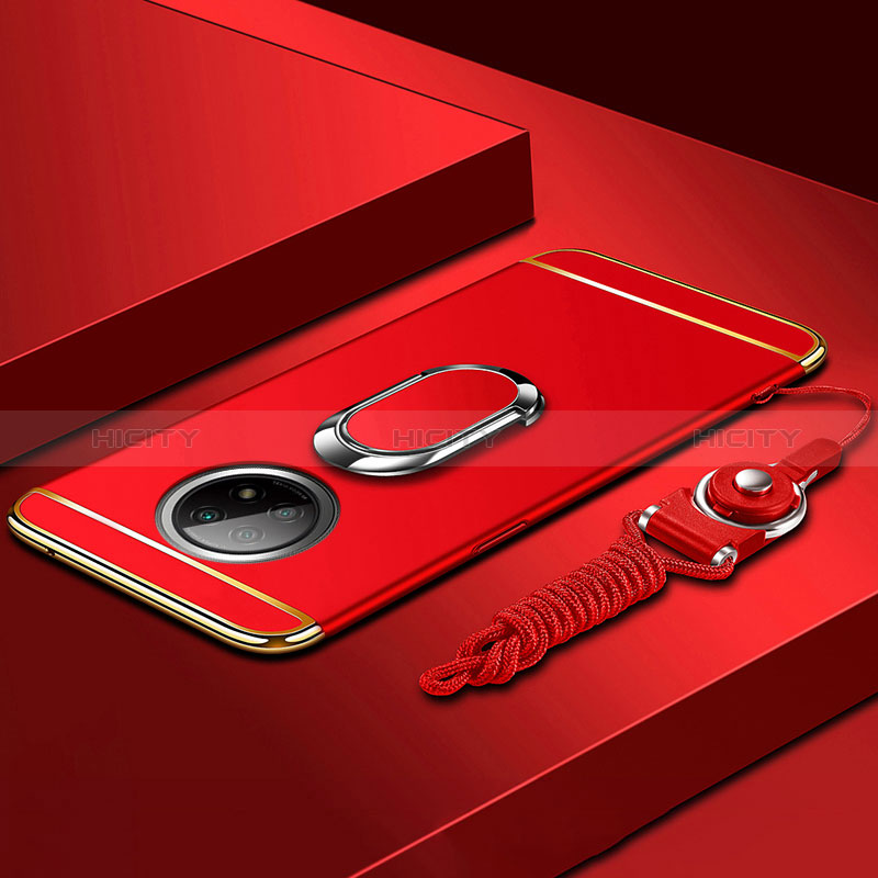 Custodia Lusso Metallo Laterale e Plastica Cover con Anello Supporto per Xiaomi Redmi Note 9 5G Rosso