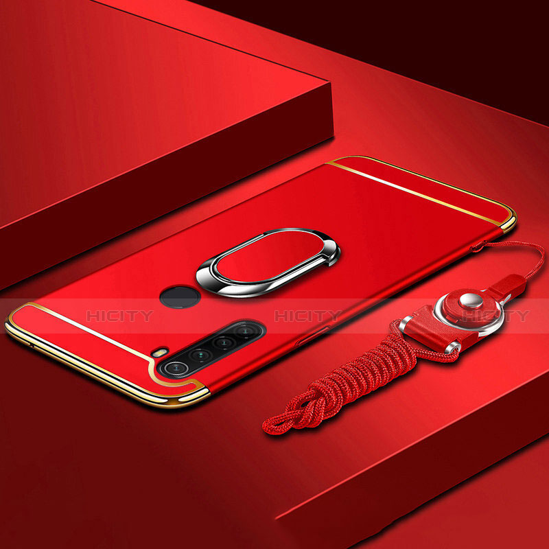 Custodia Lusso Metallo Laterale e Plastica Cover con Anello Supporto T01 per Xiaomi Redmi Note 8 (2021) Rosso