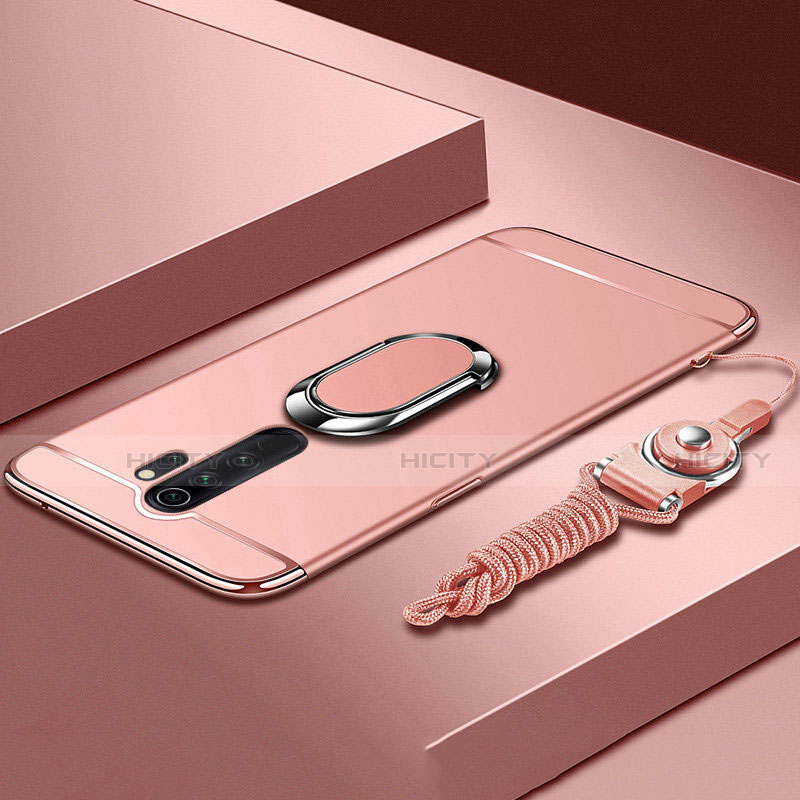 Custodia Lusso Metallo Laterale e Plastica Cover con Anello Supporto T01 per Xiaomi Redmi Note 8 Pro Oro Rosa