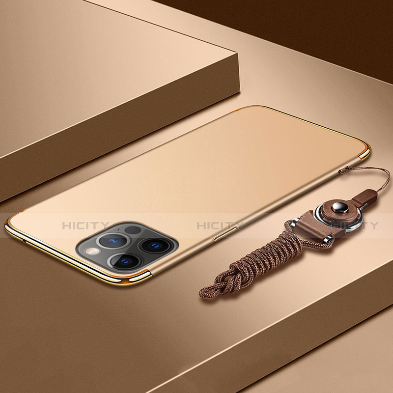 Custodia Lusso Metallo Laterale e Plastica Cover con Cordoncino per Apple iPhone 13 Pro Max Oro