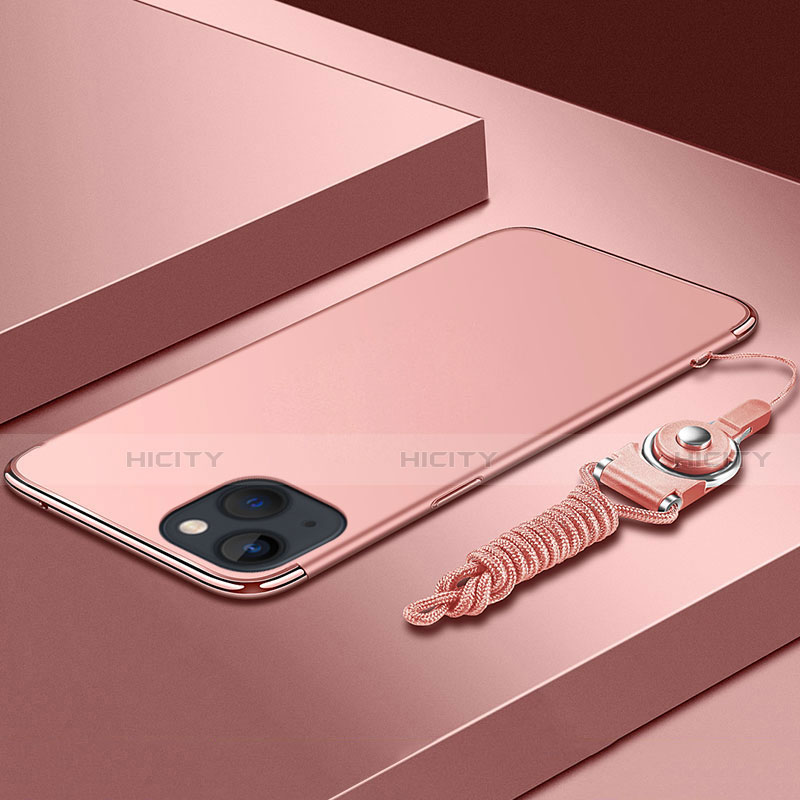 Custodia Lusso Metallo Laterale e Plastica Cover con Cordoncino per Apple iPhone 14 Oro Rosa