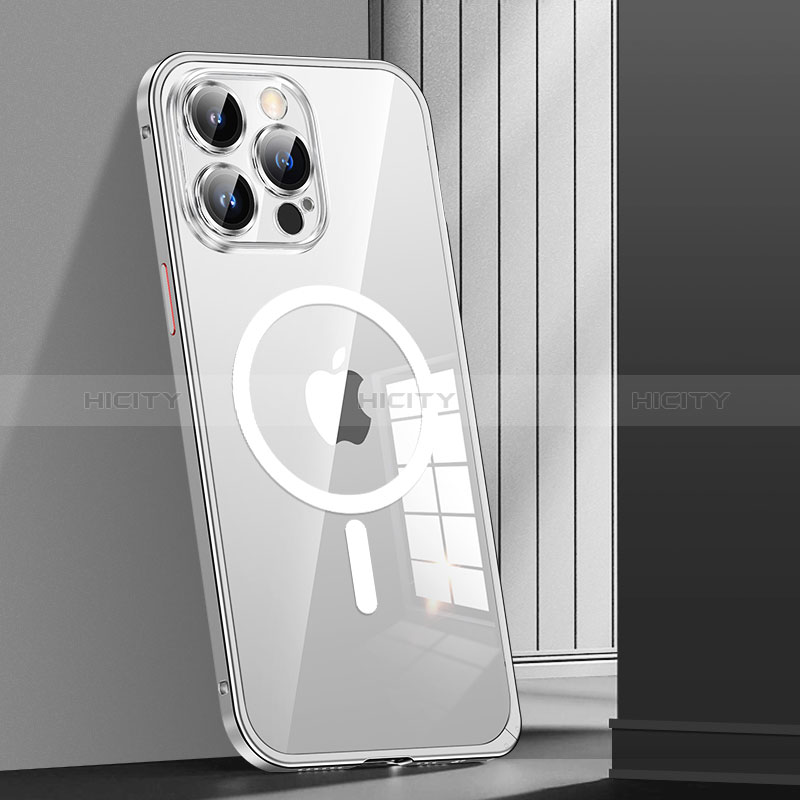 Custodia Lusso Metallo Laterale e Plastica Cover con Mag-Safe Magnetic JL1 per Apple iPhone 15 Pro Argento