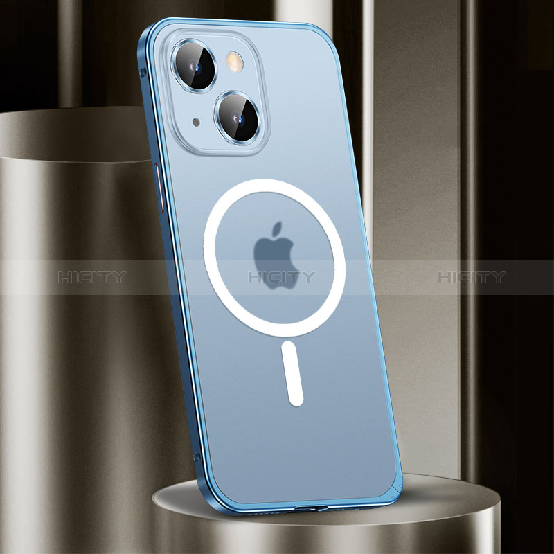 Custodia Lusso Metallo Laterale e Plastica Cover con Mag-Safe Magnetic JL2 per Apple iPhone 13 Blu