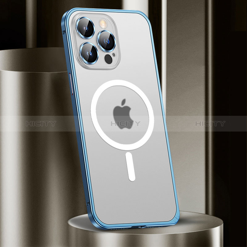 Custodia Lusso Metallo Laterale e Plastica Cover con Mag-Safe Magnetic JL2 per Apple iPhone 13 Pro Blu