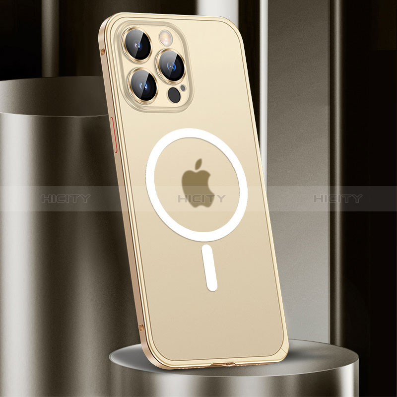 Custodia Lusso Metallo Laterale e Plastica Cover con Mag-Safe Magnetic JL2 per Apple iPhone 14 Pro Max Oro