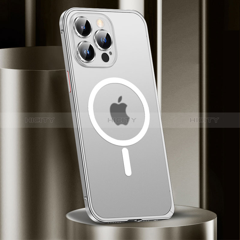 Custodia Lusso Metallo Laterale e Plastica Cover con Mag-Safe Magnetic JL2 per Apple iPhone 15 Pro Argento