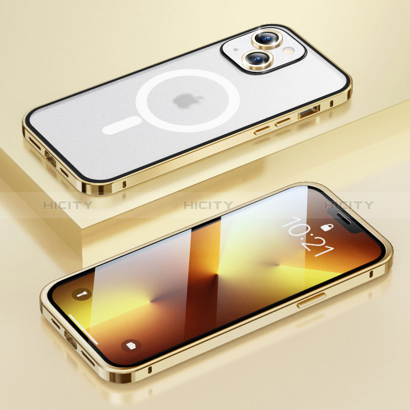 Custodia Lusso Metallo Laterale e Plastica Cover con Mag-Safe Magnetic LF1 per Apple iPhone 14 Plus Oro