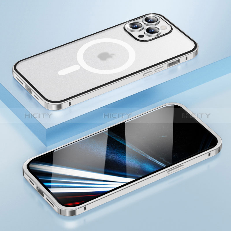 Custodia Lusso Metallo Laterale e Plastica Cover con Mag-Safe Magnetic LF1 per Apple iPhone 14 Pro Argento
