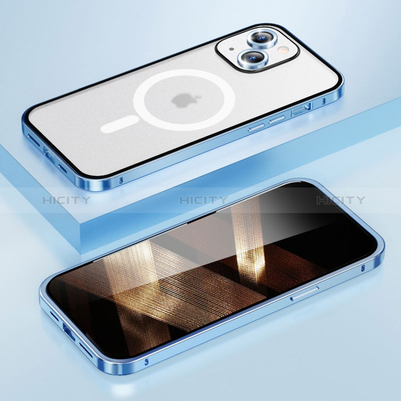 Custodia Lusso Metallo Laterale e Plastica Cover con Mag-Safe Magnetic LF1 per Apple iPhone 15 Blu