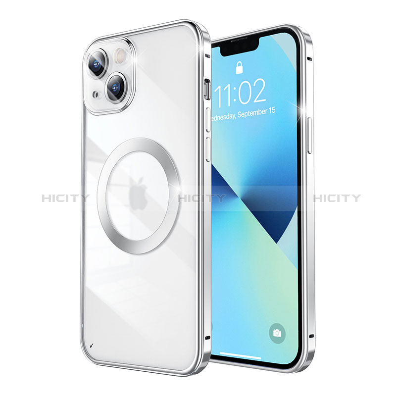 Custodia Lusso Metallo Laterale e Plastica Cover con Mag-Safe Magnetic LF3 per Apple iPhone 13 Argento