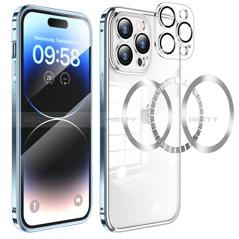 Custodia Lusso Metallo Laterale e Plastica Cover con Mag-Safe Magnetic LF3 per Apple iPhone 14 Pro Max Blu