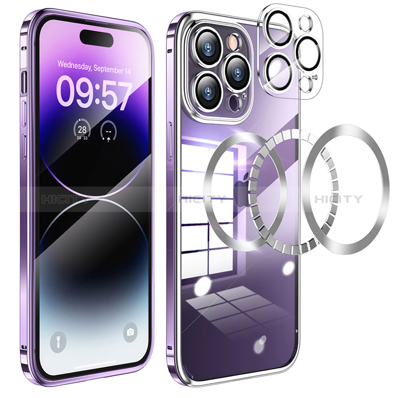 Custodia Lusso Metallo Laterale e Plastica Cover con Mag-Safe Magnetic LF3 per Apple iPhone 14 Pro Viola