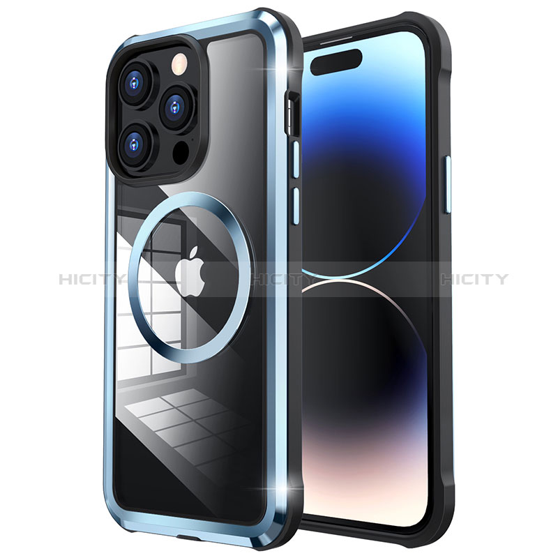 Custodia Lusso Metallo Laterale e Plastica Cover con Mag-Safe Magnetic LF4 per Apple iPhone 14 Pro Blu