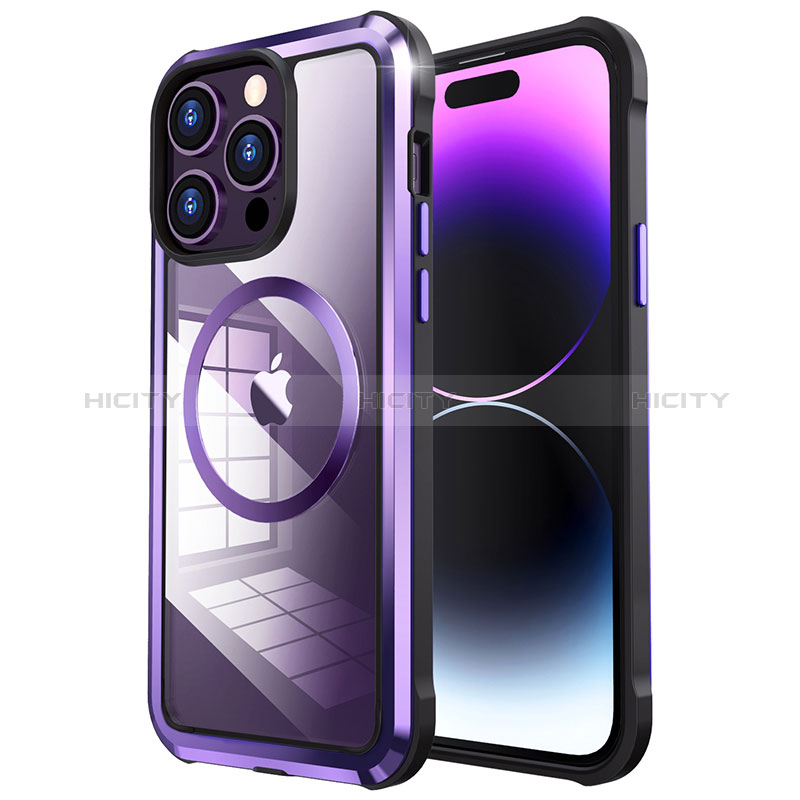 Custodia Lusso Metallo Laterale e Plastica Cover con Mag-Safe Magnetic LF4 per Apple iPhone 14 Pro Max Viola