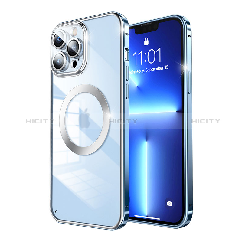 Custodia Lusso Metallo Laterale e Plastica Cover con Mag-Safe Magnetic LF5 per Apple iPhone 13 Pro Max Blu