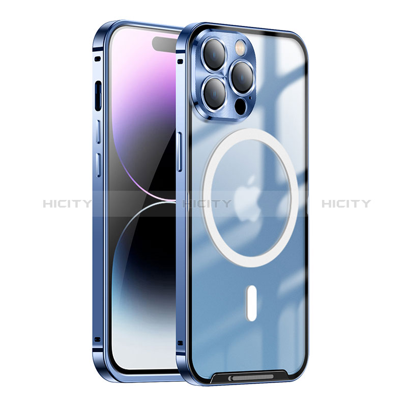 Custodia Lusso Metallo Laterale e Plastica Cover con Mag-Safe Magnetic LK1 per Apple iPhone 16 Pro Max Blu