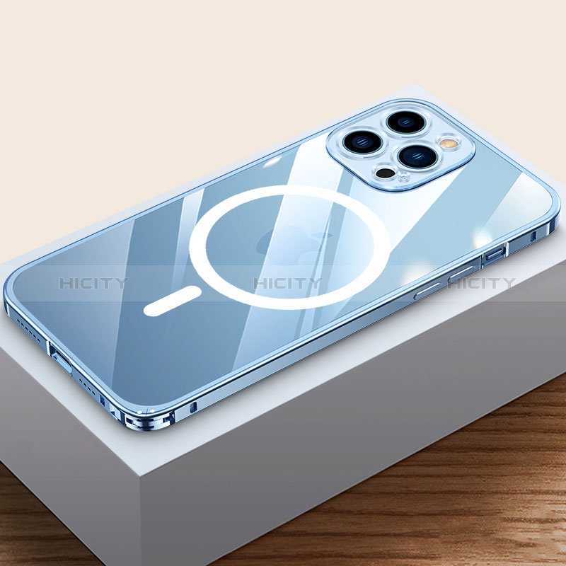 Custodia Lusso Metallo Laterale e Plastica Cover con Mag-Safe Magnetic QC4 per Apple iPhone 14 Pro Max Blu