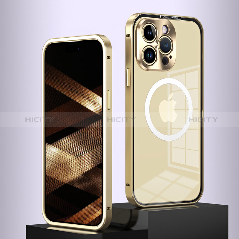 Custodia Lusso Metallo Laterale e Plastica Cover con Mag-Safe Magnetic QC5 per Apple iPhone 15 Pro Oro