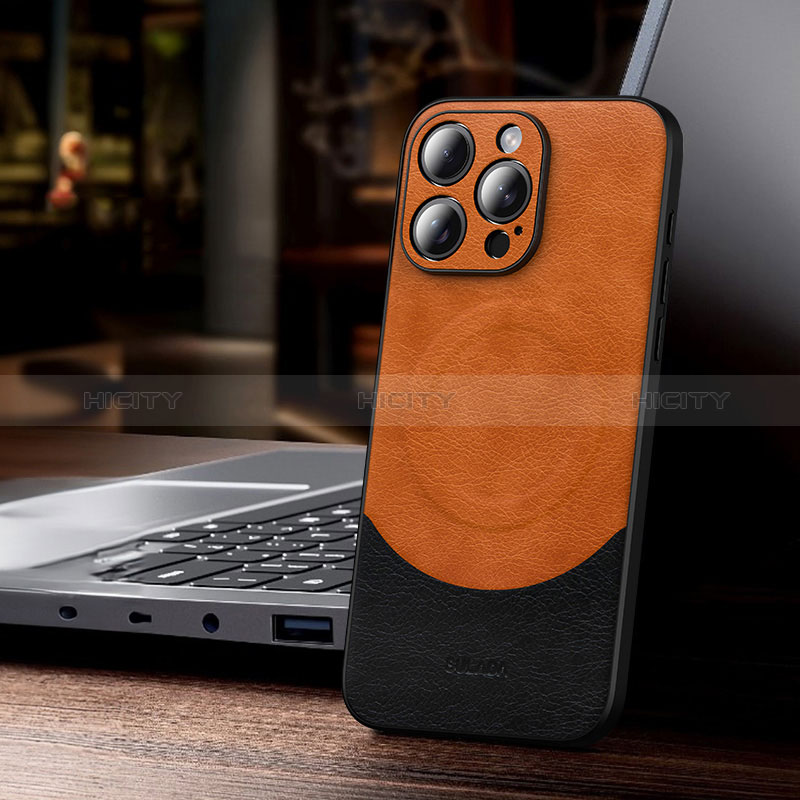 Custodia Lusso Pelle Cover con Mag-Safe Magnetic LD4 per Apple iPhone 14 Pro Max Arancione