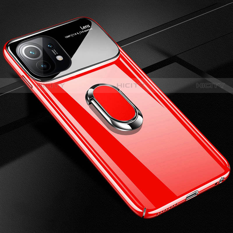 Custodia Plastica Rigida Cover Opaca con Magnetico Anello Supporto P01 per Xiaomi Mi 11 Lite 5G NE Rosso