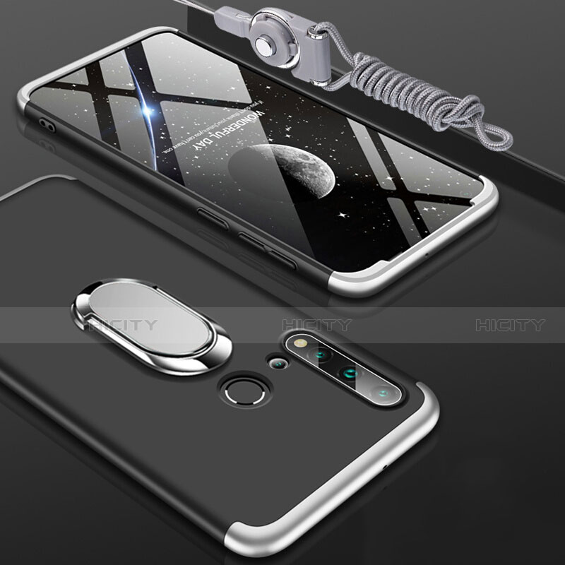 Custodia Plastica Rigida Cover Opaca con Magnetico Anello Supporto P02 per Huawei P20 Lite (2019) Argento e Nero