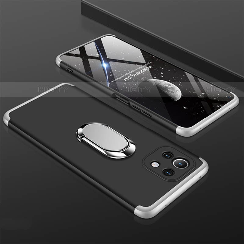 Custodia Plastica Rigida Cover Opaca con Magnetico Anello Supporto P02 per Xiaomi Mi 11 Lite 5G Argento e Nero