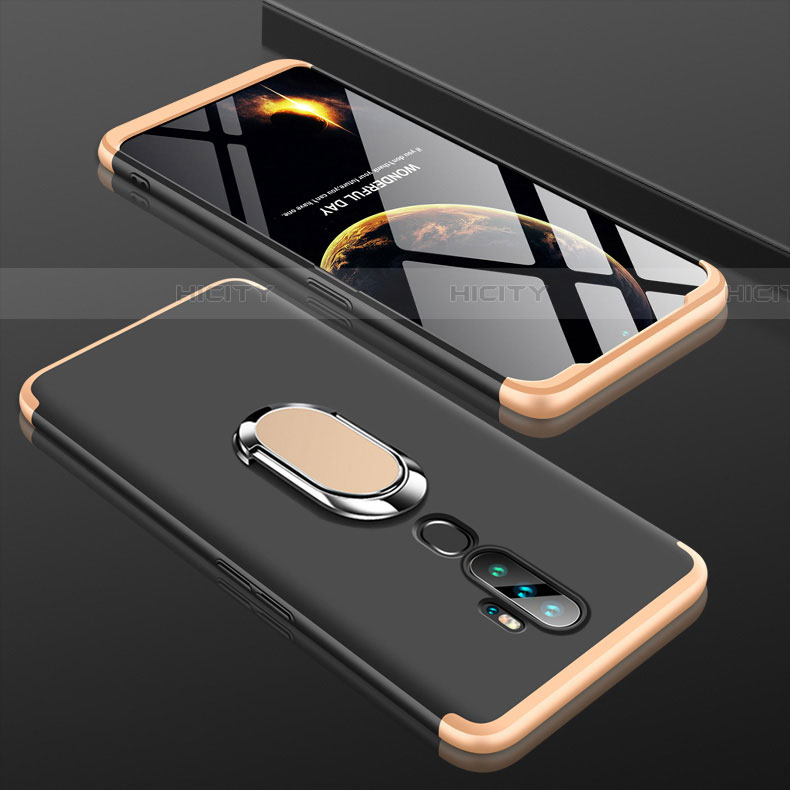 Custodia Plastica Rigida Cover Opaca Fronte e Retro 360 Gradi con Anello Supporto per Oppo A9 (2020) Oro e Nero