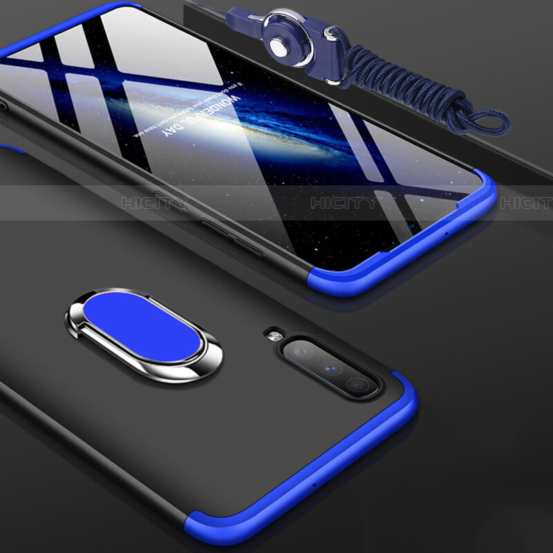 Custodia Plastica Rigida Cover Opaca Fronte e Retro 360 Gradi con Anello Supporto per Samsung Galaxy A70S Blu e Nero