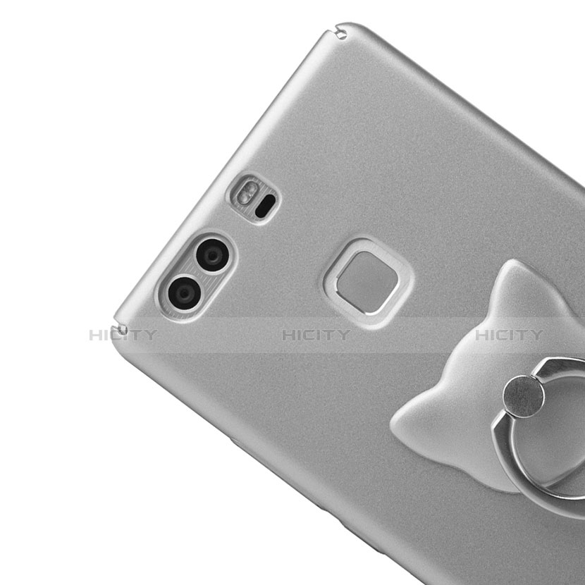 Custodia Plastica Rigida Opaca con Anello Supporto per Huawei P9 Argento