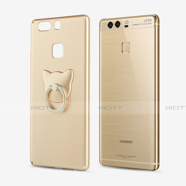 Custodia Plastica Rigida Opaca con Anello Supporto per Huawei P9 Oro