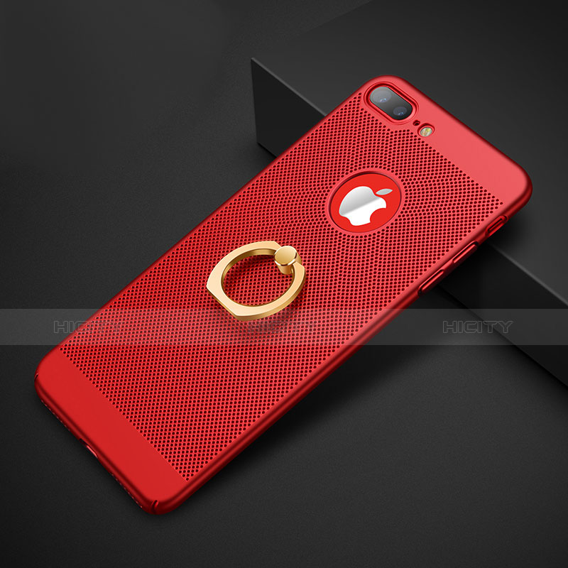 Custodia Plastica Rigida Perforato con Anello Supporto per Apple iPhone 7 Plus Rosso