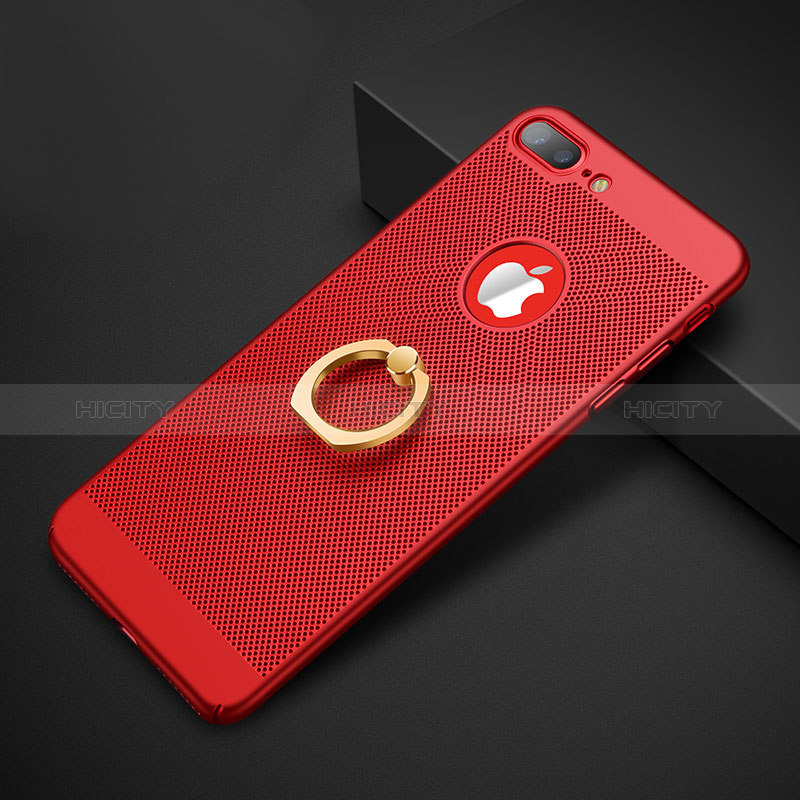 Custodia Plastica Rigida Perforato con Anello Supporto per Apple iPhone 8 Plus Rosso