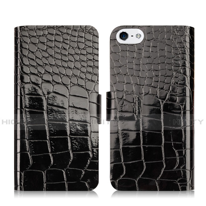 Custodia Portafoglio In Pelle con Stand Coccodrillo per Apple iPhone 5 Nero