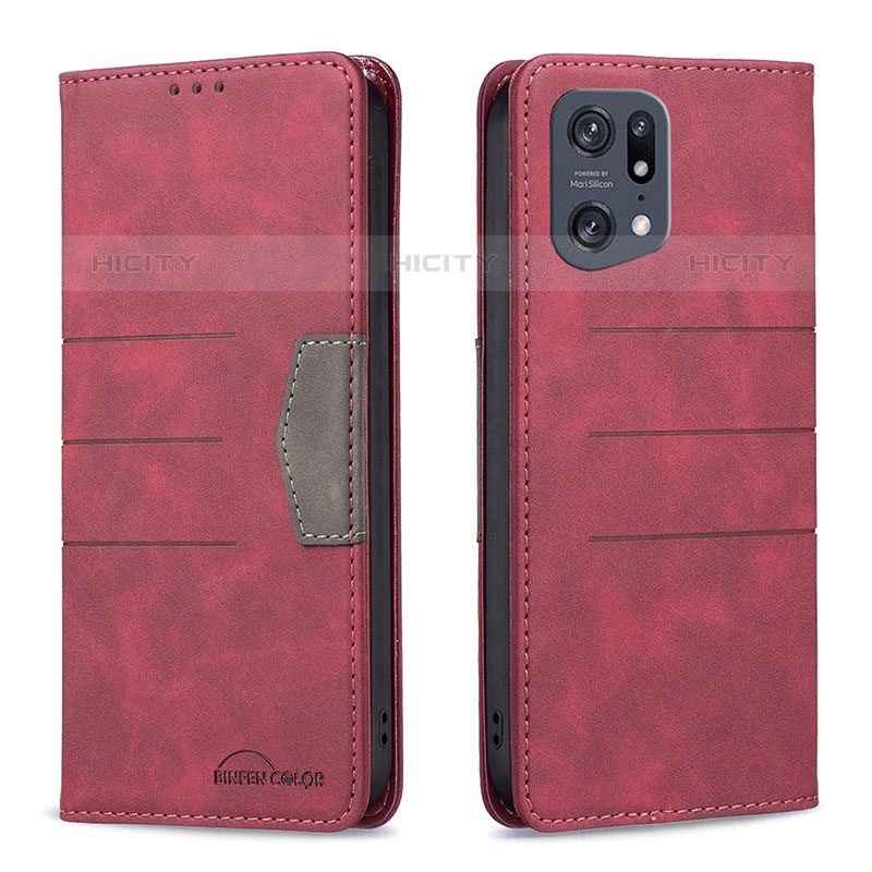 Custodia Portafoglio In Pelle Cover con Supporto B01F per Oppo Find X5 Pro 5G Rosso