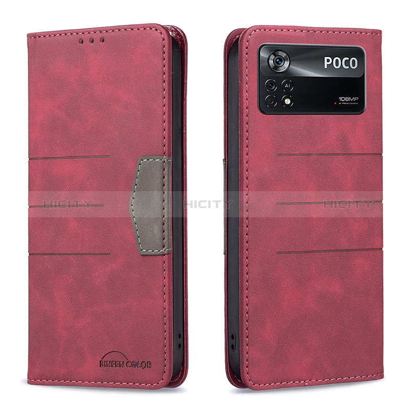 Custodia Portafoglio In Pelle Cover con Supporto B01F per Xiaomi Poco X4 Pro 5G Rosso