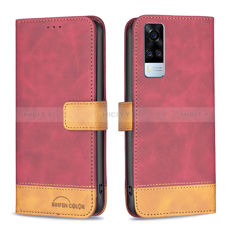 Custodia Portafoglio In Pelle Cover con Supporto B02F per Vivo Y51 (2021) Rosso