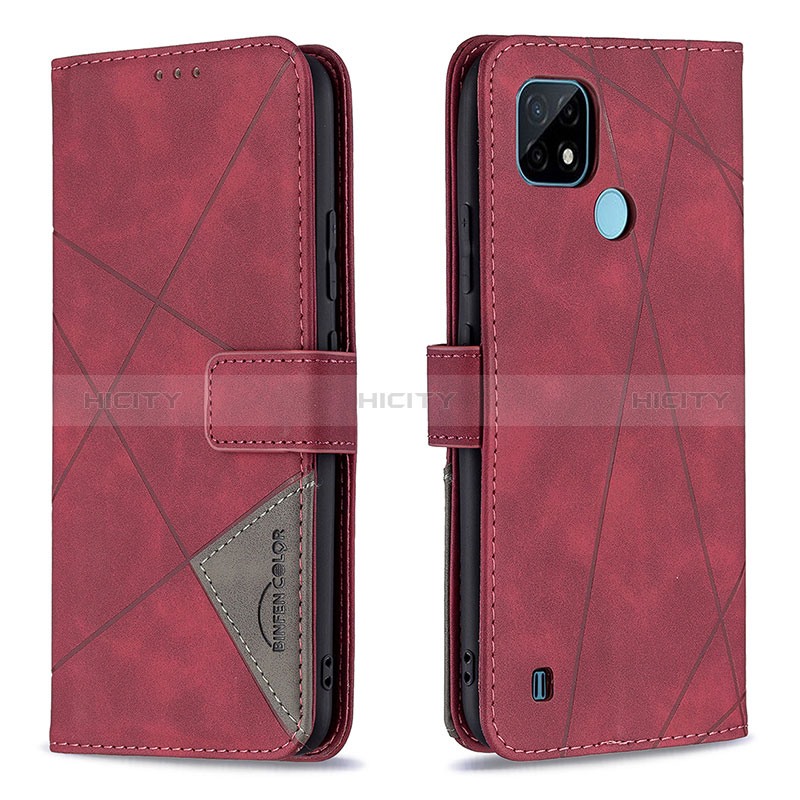 Custodia Portafoglio In Pelle Cover con Supporto B08F per Realme C21 Rosso