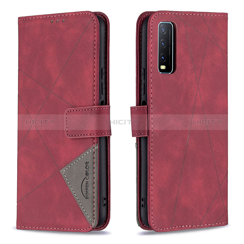 Custodia Portafoglio In Pelle Cover con Supporto B08F per Vivo Y12s (2021) Rosso