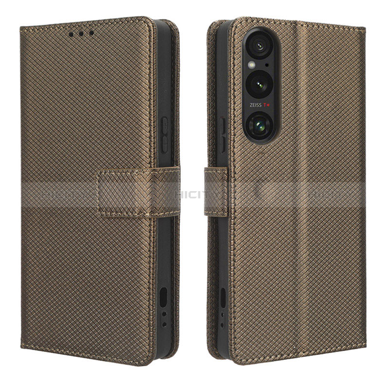 Custodia Portafoglio In Pelle Cover con Supporto BY1 per Sony Xperia 1 V Marrone