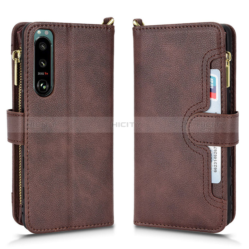 Custodia Portafoglio In Pelle Cover con Supporto BY2 per Sony Xperia 5 III Marrone