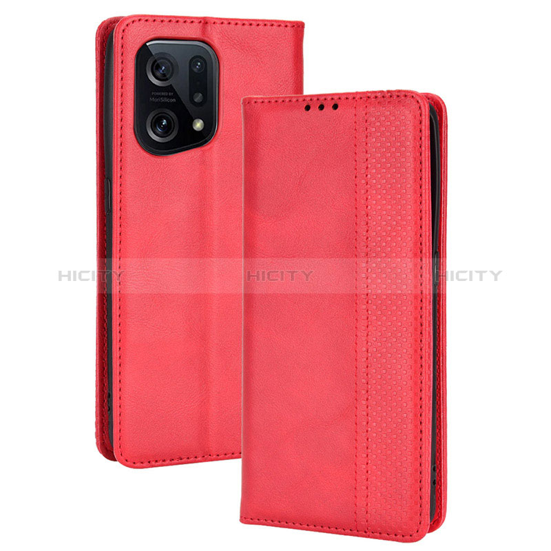 Custodia Portafoglio In Pelle Cover con Supporto BY4 per Oppo Find X5 5G Rosso