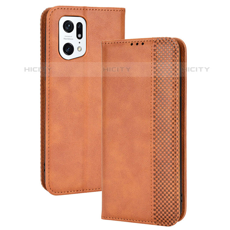 Custodia Portafoglio In Pelle Cover con Supporto BY4 per Oppo Find X5 Pro 5G Marrone