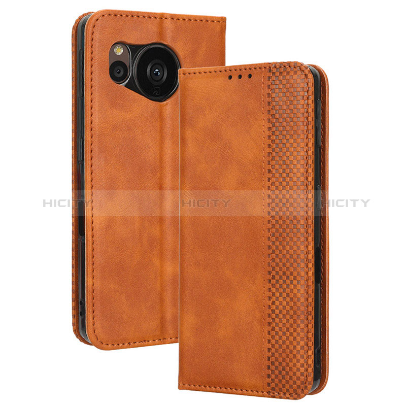 Custodia Portafoglio In Pelle Cover con Supporto BY4 per Sharp Aquos Sense7 Plus Marrone