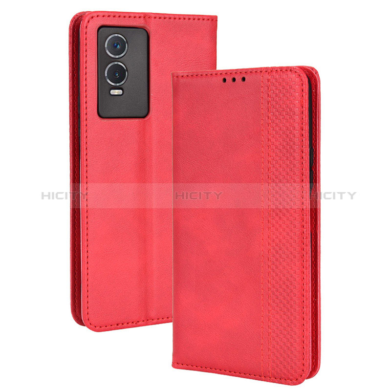 Custodia Portafoglio In Pelle Cover con Supporto BY4 per Vivo Y76s 5G Rosso