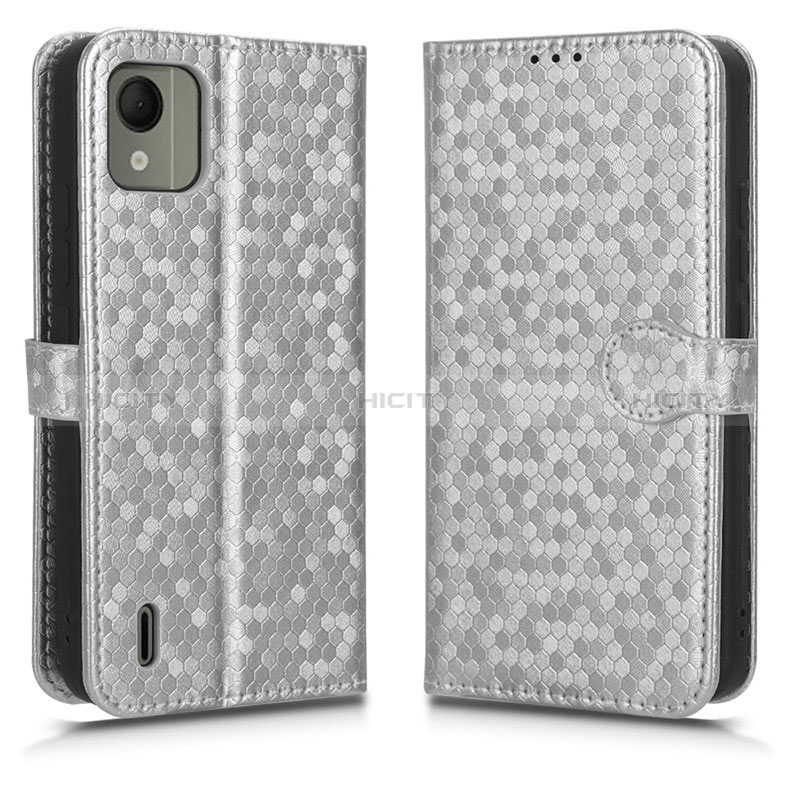 Custodia Portafoglio In Pelle Cover con Supporto C01X per Nokia C110 Argento