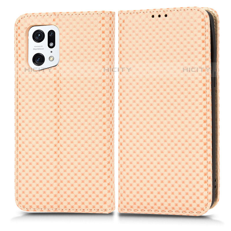 Custodia Portafoglio In Pelle Cover con Supporto C03X per Oppo Find X5 Pro 5G Oro