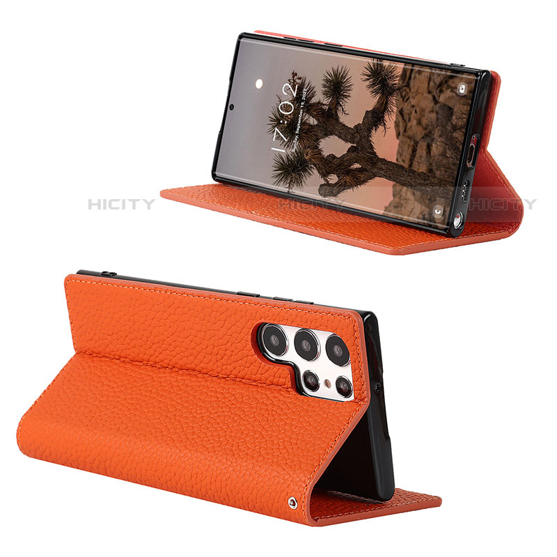 Custodia Portafoglio In Pelle Cover con Supporto D02T per Samsung Galaxy S22 Ultra 5G Arancione